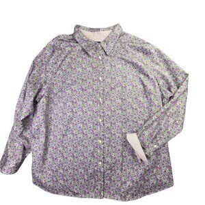 Chaps Shirt Women 2XL Purple Green Floral No Iron Cotton Office Dressy Preppy